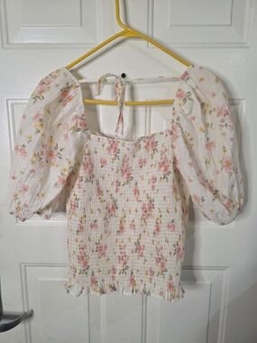Self Esteem Floral Smocked Puff-Sleeve Women's Top - Ivory / Pink Size XL